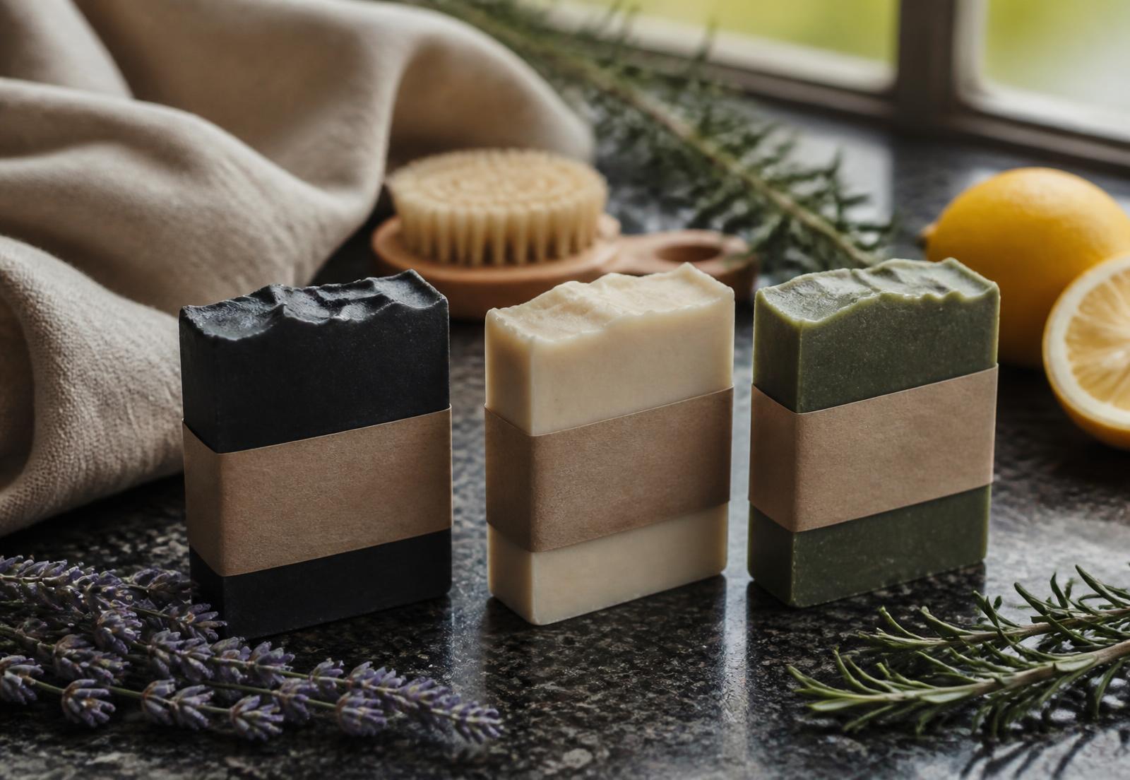 Three handmade soap bars in charcoal, cream and green on a granite surface