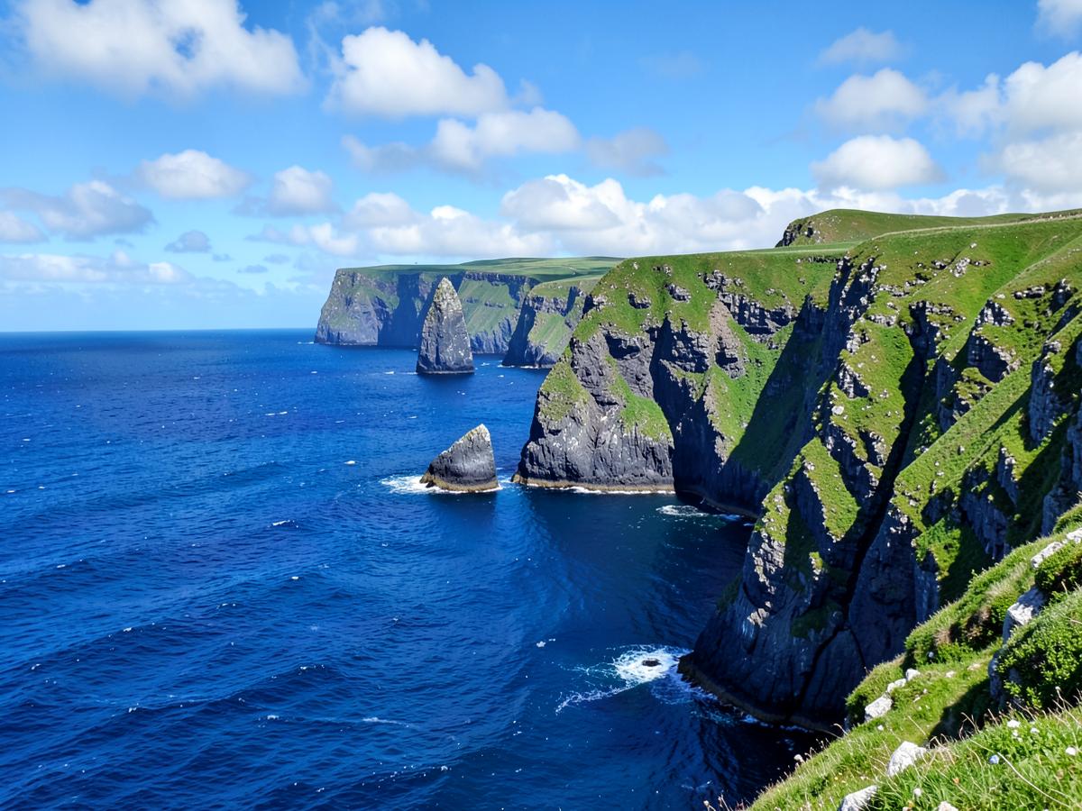 Rugged Northern Irish sea cliffs above deep blue Atlantic water