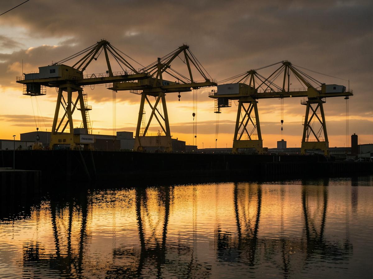 Belfast shipyard cranes silhouetted against a golden sunset